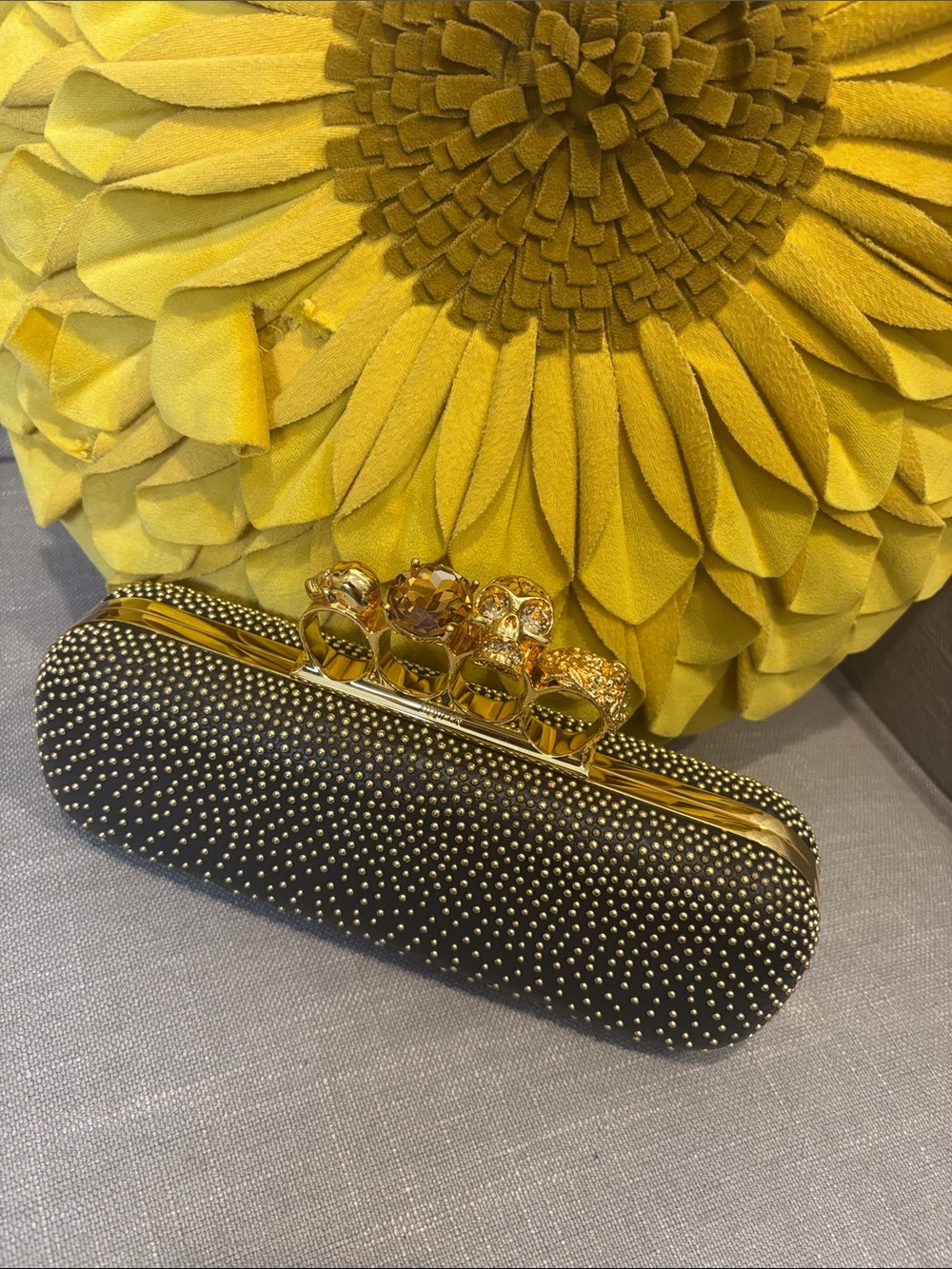Black Crystal-Studded Knuckle Clutch with Gold Hardware